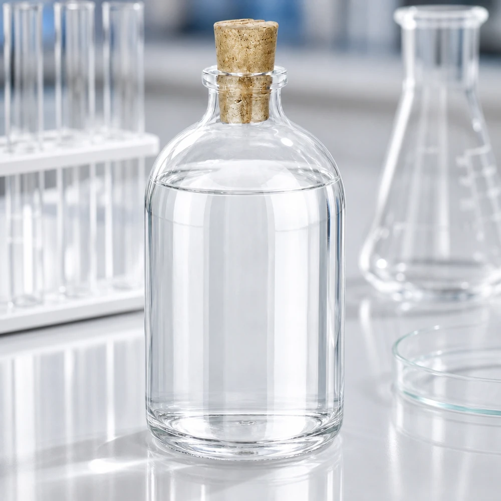 Flasche Klarglas 100ml mit Korken 11/14mm Miniaturflasche Klarglas 100ml mit konischem Korken auf Labortisch