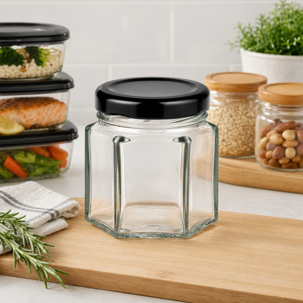 47ml Hexaglas mit BasicSeal Deckel schwarz UNiTWIST 47ml Hexaglas leer mit schwarzem BasicSeal Deckel in moderner Küche neben Vorratsgläsern und Meal-Prep-Boxen