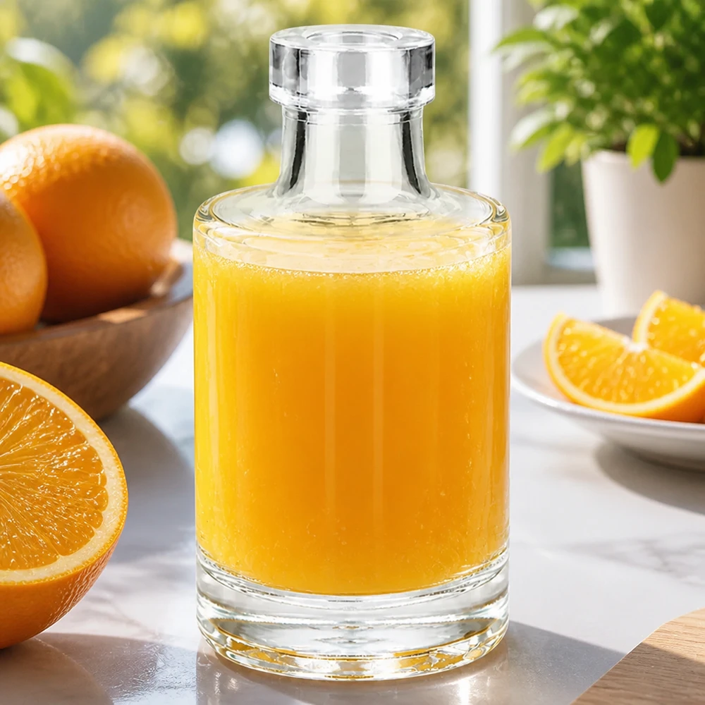Bottiglia di vetro da 100 ml di Marie riempita di succo d'arancia circondata da arance fresche e fette d'arancia su un tavolo di marmo