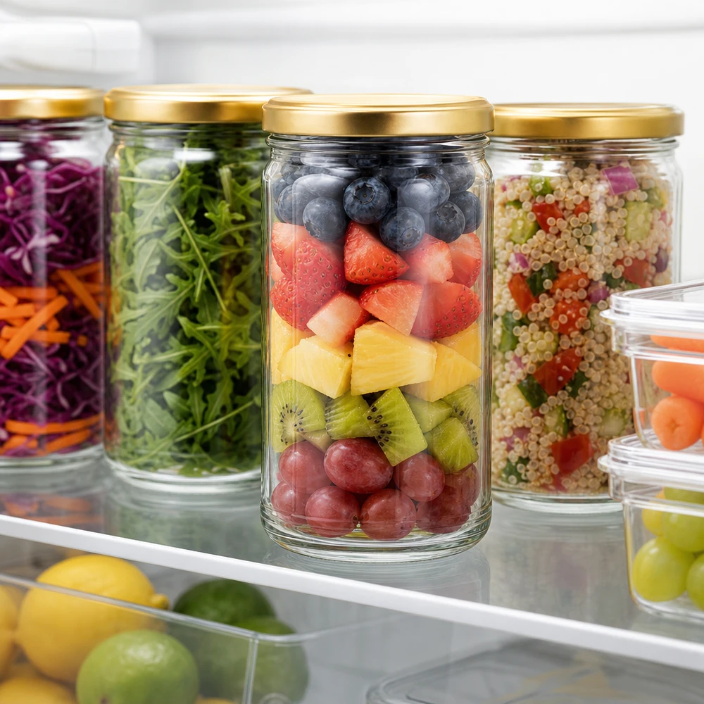 Barattolo in vetro da 1053 ml con coperchio dorato, riempito di frutta nel frigorifero per la preparazione dei pasti e la conservazione degli alimenti.