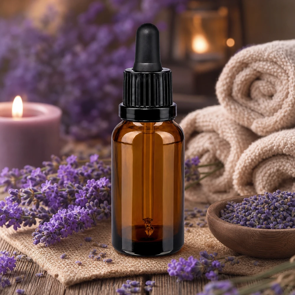 Piccolo flacone in vetro ambrato da 20 ml con pipetta in gomma, perfetto per i viaggi e i dosaggi in movimento.
