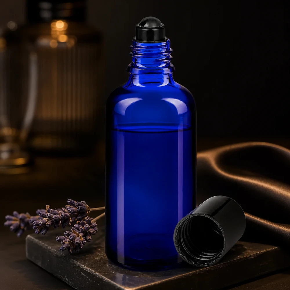 Apothekenflasche blau 50ml Roll-On Verschluss schwarz Leere 50ml Roll-On Flasche blau mit schwarzem Applikator zur Eigenabfüllung von Duftstoffen