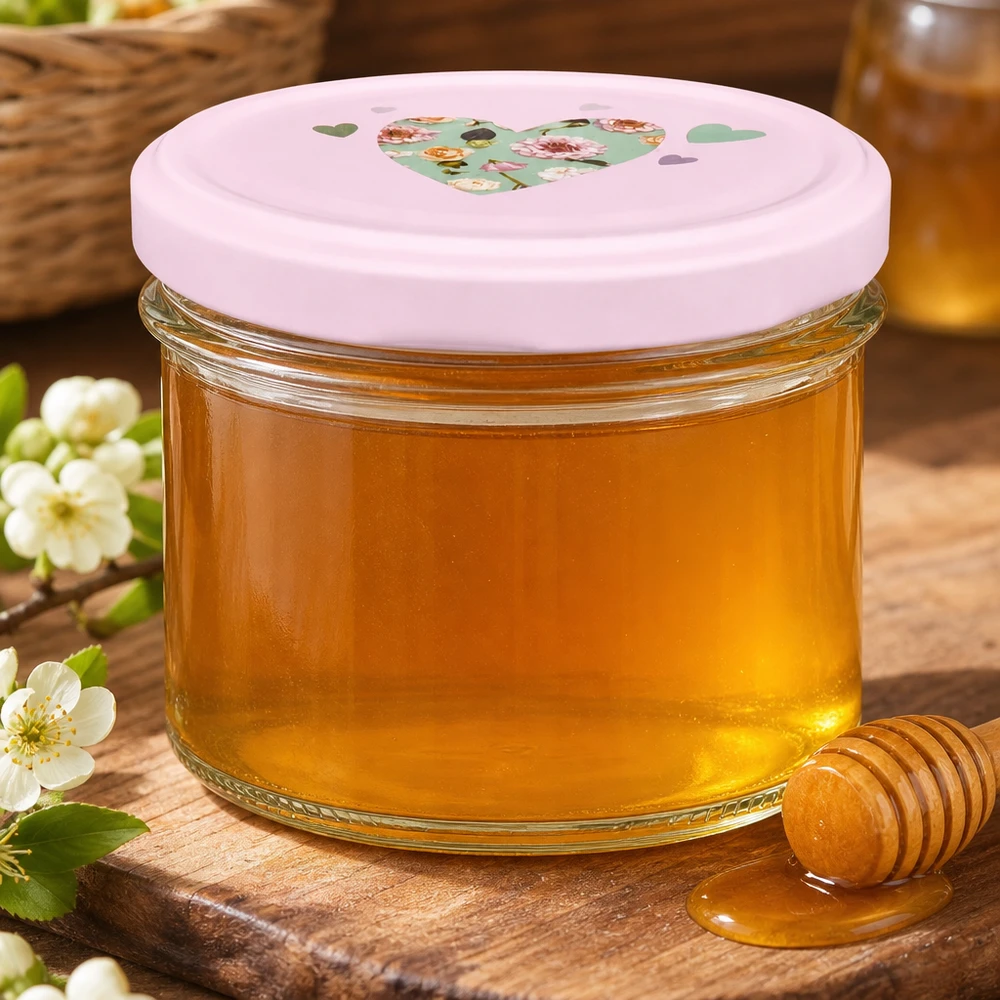 225ml Sturzglas + BasicSeal Deckel Herz rosa UNiTWIST Goldener Honig im 225ml Sturzglas mit rosa BasicSeal Herzdeckel auf Holzbrett mit Honiglöffel und Blüten
