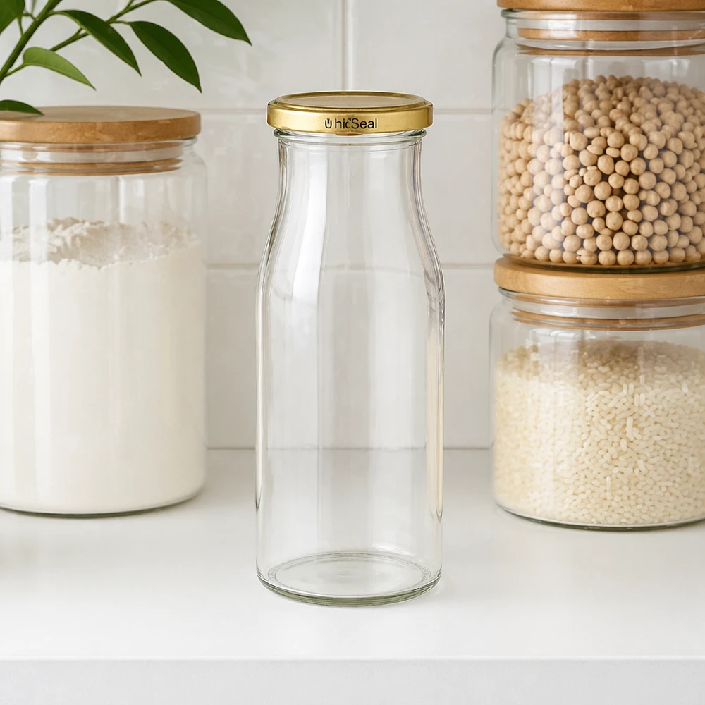 Leere UNiTWIST Glasflasche 150ml mit goldenem BioSeal Verschluss in Küche zwischen Vorratsgläsern mit Lebensmitteln