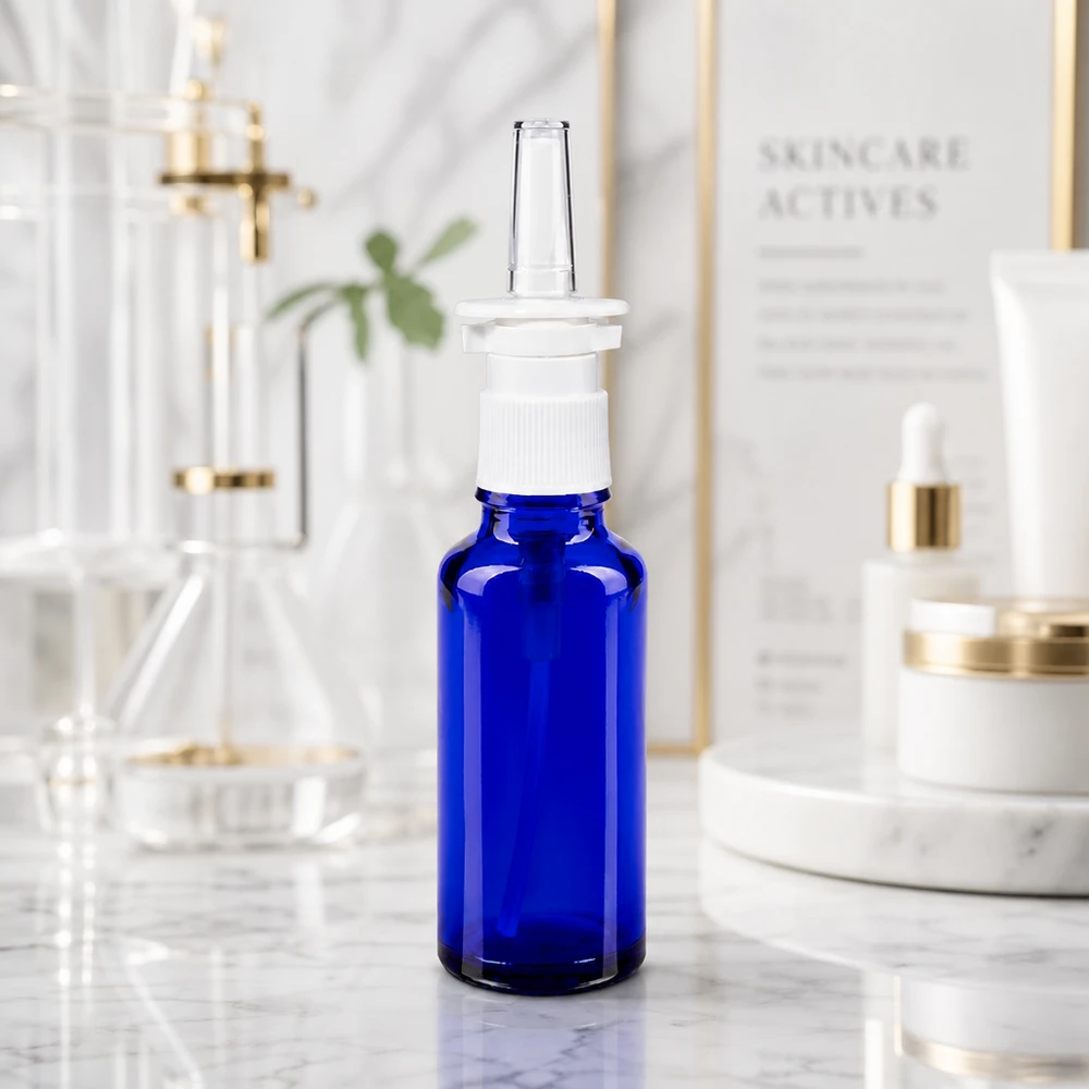 Apothekenflasche blau 30ml Nasenzerstäuber weiß Standard Hochwertige Nasensprayflasche 30ml kobaltblau weißer Pumpkopf klare Applikatorspitze
