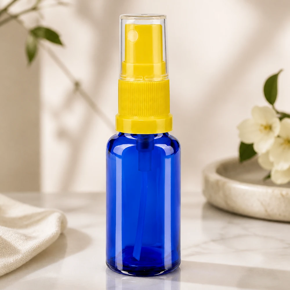 Apothekenflasche blau 20ml Sprayaufsatz gelb Nachfüllbare 20ml Zerstäuberflasche Blauglas gelber Sprühkopf mit Überwurfkappe klar