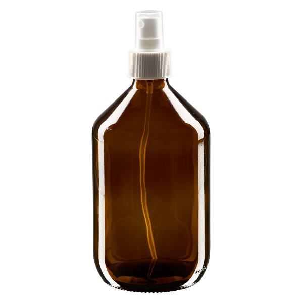 Flacone per medicinali da 500 ml marrone, con nebulizzatore a pompa bianco ApoGlas Flacone per medicinali da 500 ml marrone, con nebulizzatore a pompa bianco ApoGlas