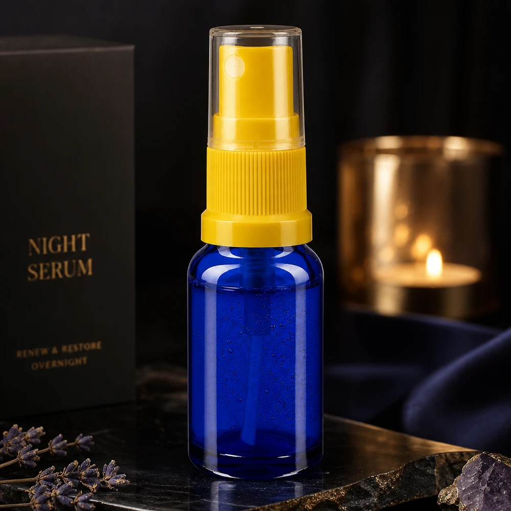 Apothekenflasche blau 10ml Sprayaufsatz gelb Blaue 10ml Pumpflasche aus Apothekerglas für Serum Öle und Kosmetik mit gelbem Sprühkopf