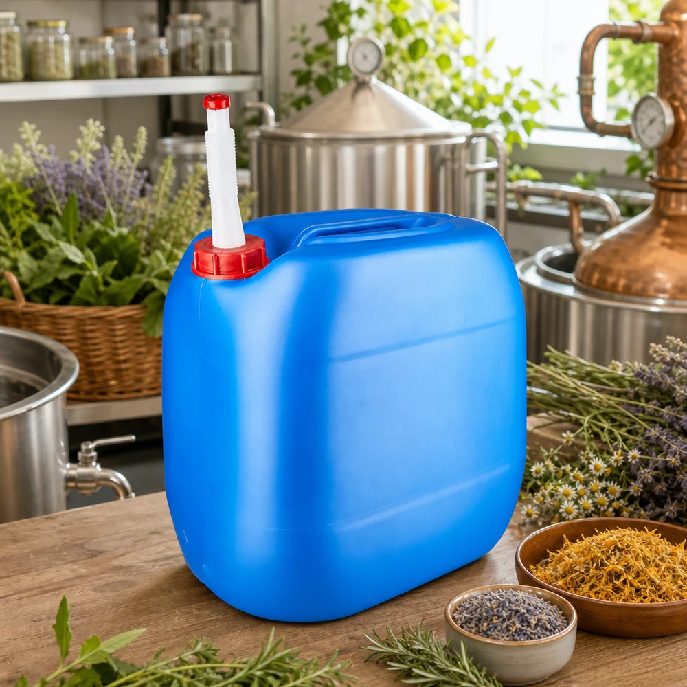 Bidon 30 litres bleu avec tube de vidange Flex Bidon en plastique bleu de 30 litres muni d'un bec verseur, à côté d'un alambic et d'herbes fraîches