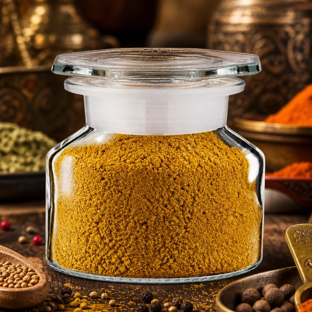 Flacone per spezie a forma bombata, a collo largo, da 50 ml, contenente polvere di spezie Masala di colore giallo intenso