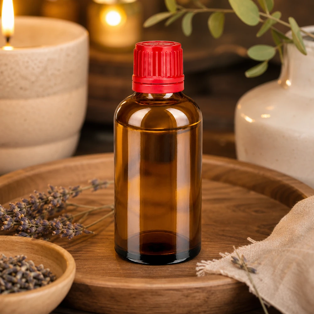 50ml Flasche 11mm Schraubverschluss rot Originalitätsverschluss BrownLine UT18/50 Premium 50ml Braunglasflasche mit dichtem roten Verschlusssystem für pharmazeutische Anwendungen
