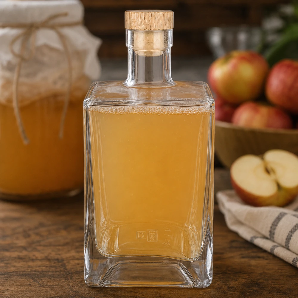 Bottiglia in vetro da 700 ml Ben con tappo in sughero con impugnatura in legno UNiTWIST® Bottiglia di vetro da 700 ml Ben riempita di acquavite di mele accanto a mele fresche Scenario di cucina Tappo di legno Acquavite di frutta UNiTWIST
