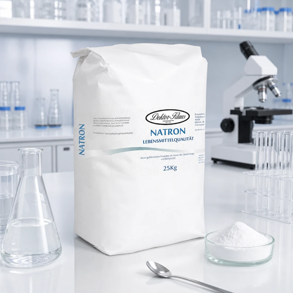 Sacco di carta bianco da 25 kg di bicarbonato di sodio in polvere in ambiente di laboratorio per applicazioni chimiche professionali