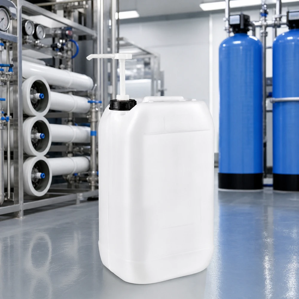 Jerrican de 15 litres avec pompe doseuse Bidon de 15 litres équipé d'une pompe doseuse dans une station de traitement de l'eau, à côté des membranes d'osmose inverse