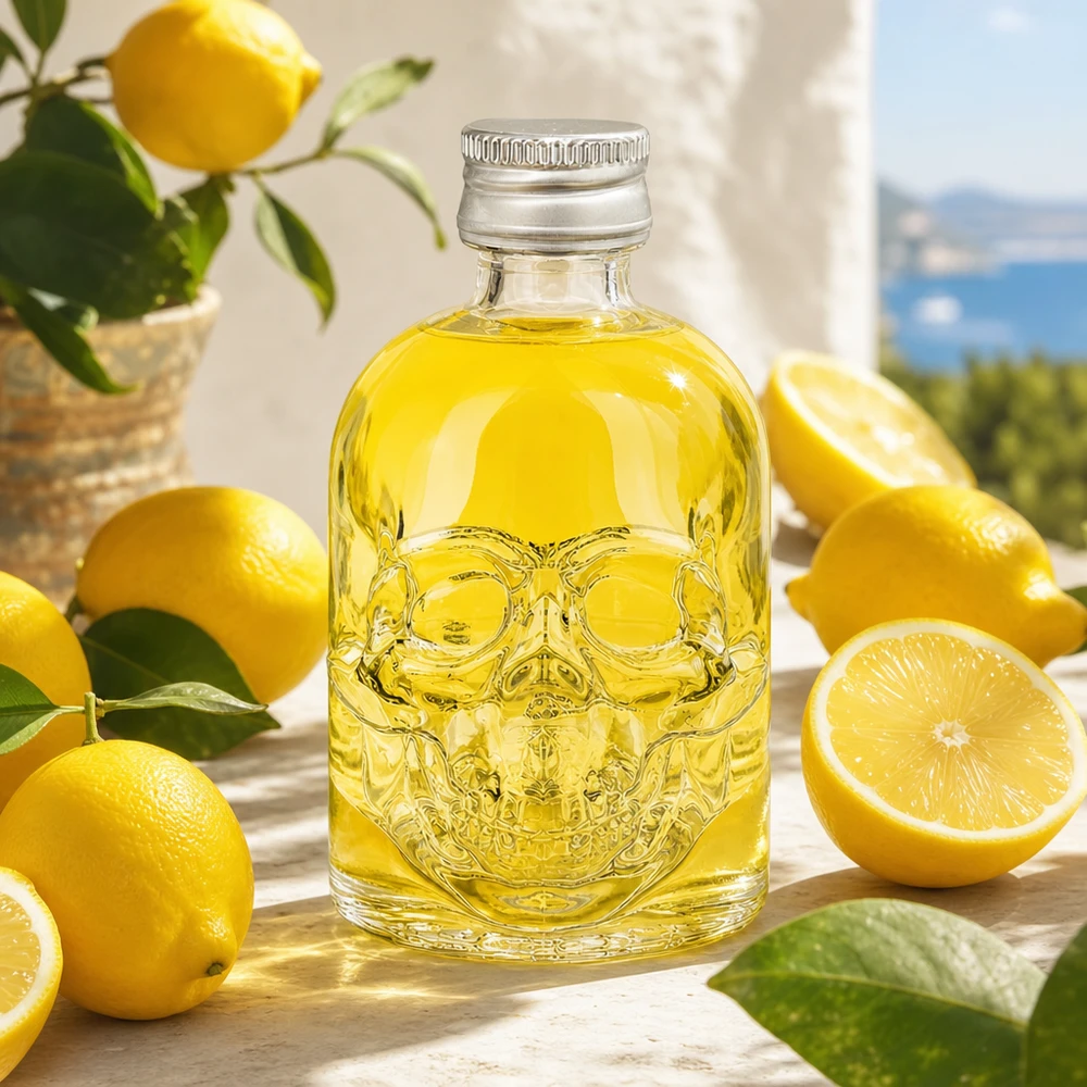 Bottiglia di vetro da 50 ml a forma di teschio Hector con contenuto giallo decorato tra limoni freschi su un tavolo di legno