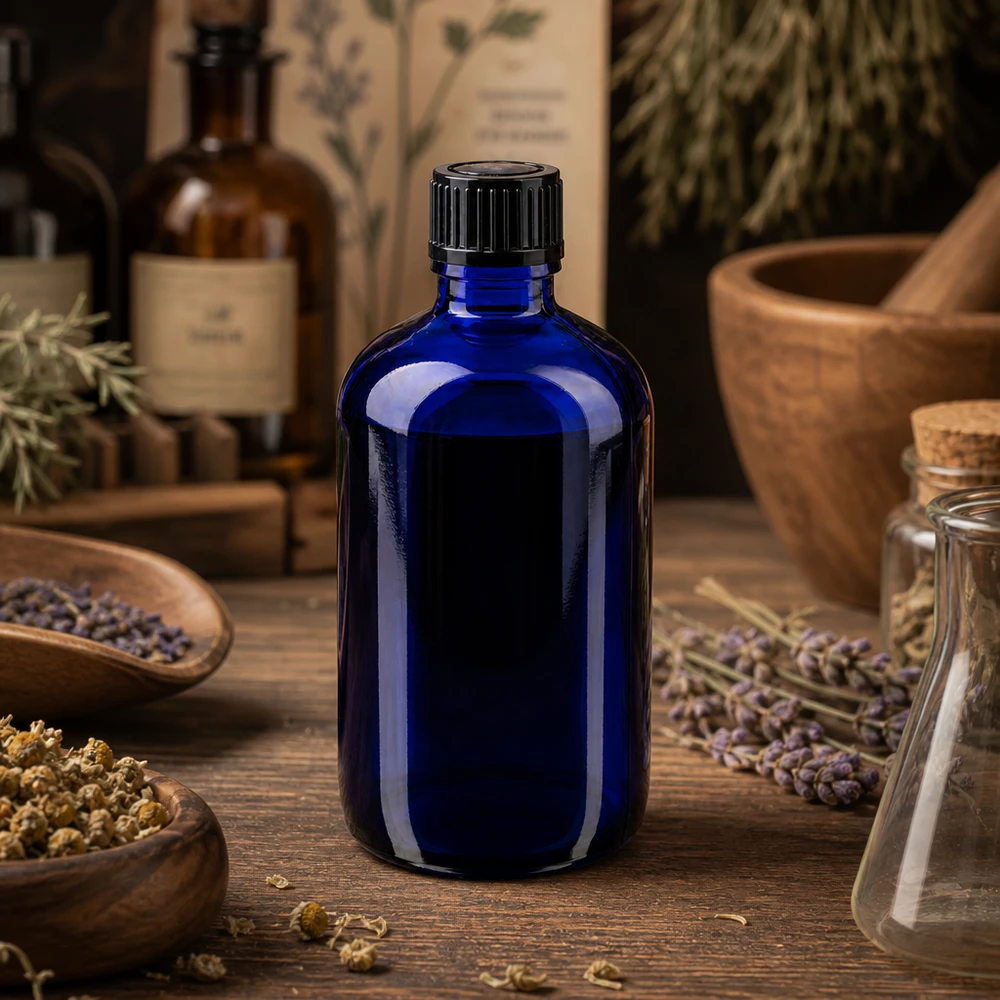 Flacon de pharmacie bleu 100ml bouchon compte-gouttes 1mm noir Std Flacon en verre bleu cobalt de 100 ml muni d'un compte-gouttes de 1 mm, contenant des herbes séchées et un mortier en bois