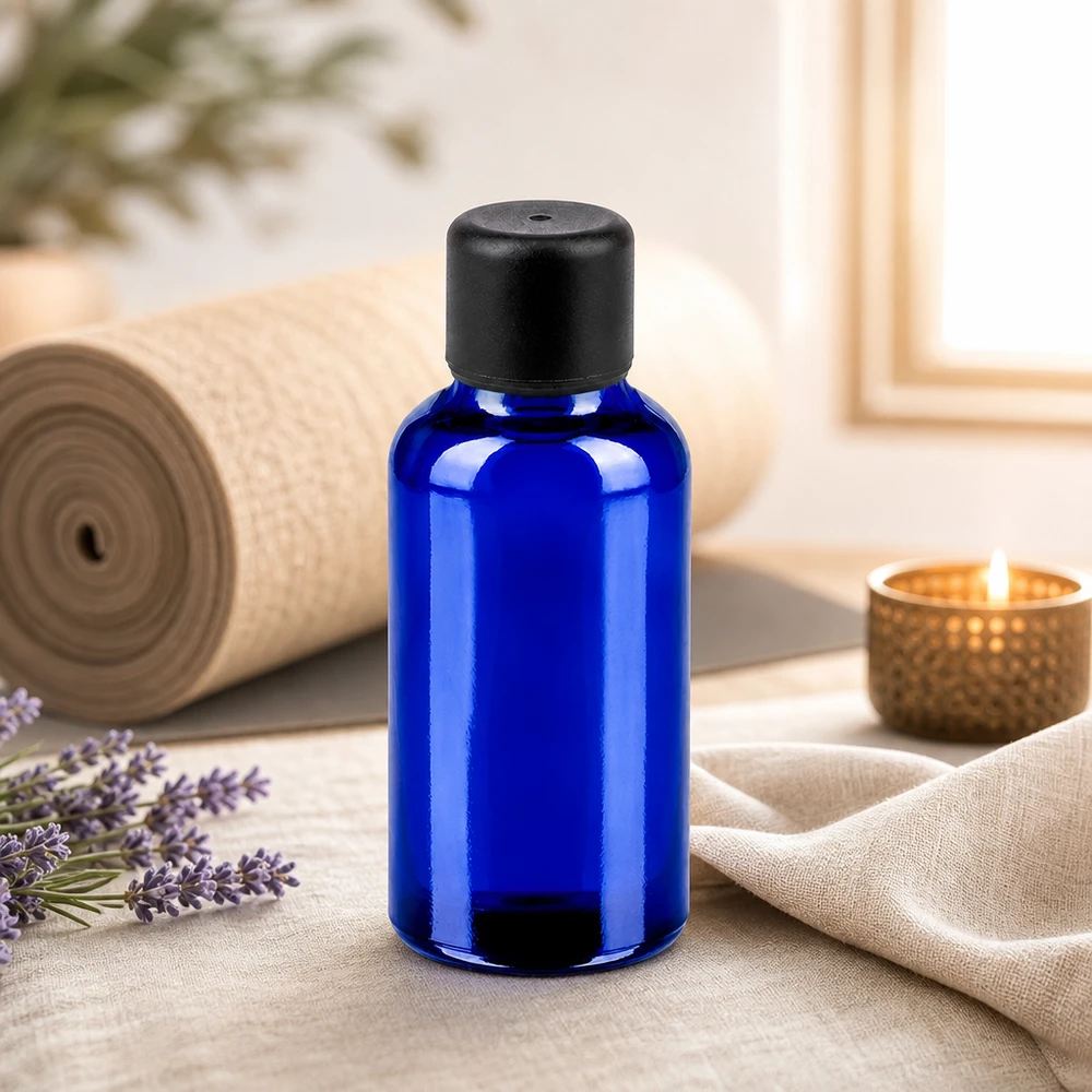 Flacone di vetro fotoprotettivo da 30 ml in blu cobalto con coperchio nero per sostanze sensibili