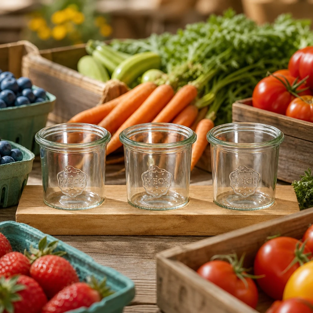 Tagliere Plano3 con 3 vasetti Weck da 140 ml Bicchieri WECK da 140 ml su tagliere Plano3 decorato con verdure fresche del mercato, pomodori, carote e frutti di bosco.