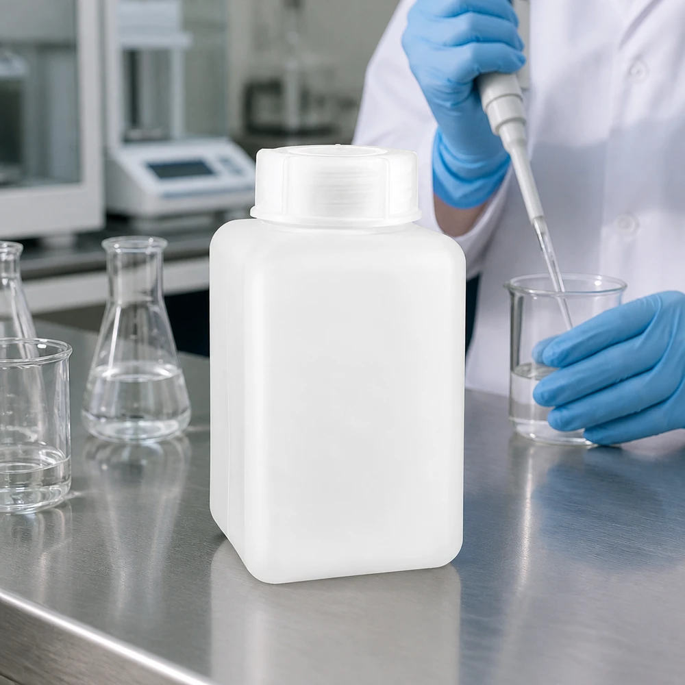 Bouteille transparente à col large en PE-HD blanc de 1 000 ml pour liquides chimiques et solides