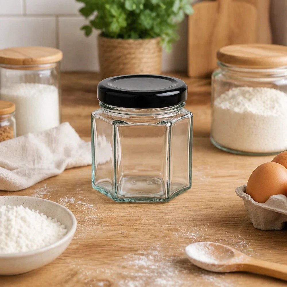 Barattolo hexa da 47 ml con coperchio nero in cucina tra farina, uova e barattoli di stoccaggio sul piano di lavoro in legno