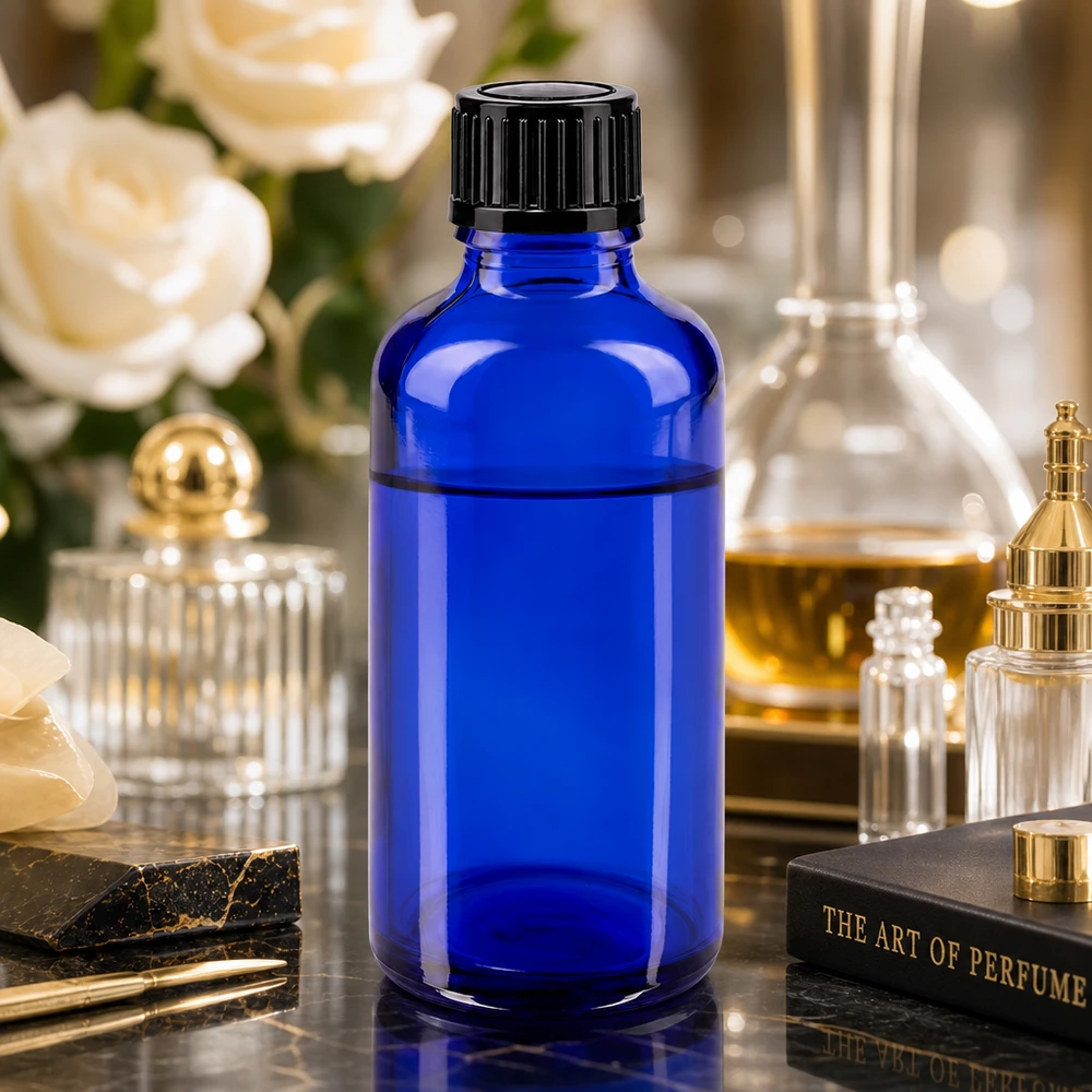 Apothekenflasche blau 50ml Schraubverschluss schwarz Standard Dunkelblaue Glasflasche 50ml mit schwarzem Verschluss auf glänzender Marmoroberfläche