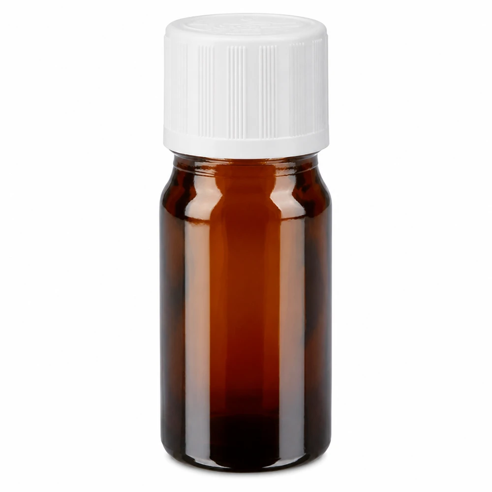 Flacon de pharmacie brun 5ml bouchon compte-gouttes blanc sécurité enfant standard Flacon de pharmacie brun de 5 ml muni d'un bouchon de sécurité enfant blanc et d'un compte-gouttes de 1,2 mm