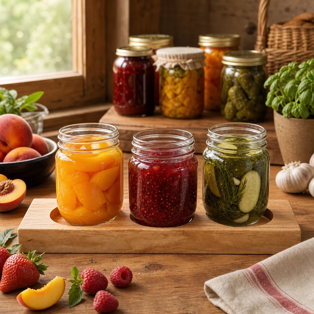 Tagliere Plano3 per 3 barattoli WECK Tavola da portata in bambù Plano3 con tre vasetti WECK riempiti - marmellata, sottaceti e pesche in una cucina rustica