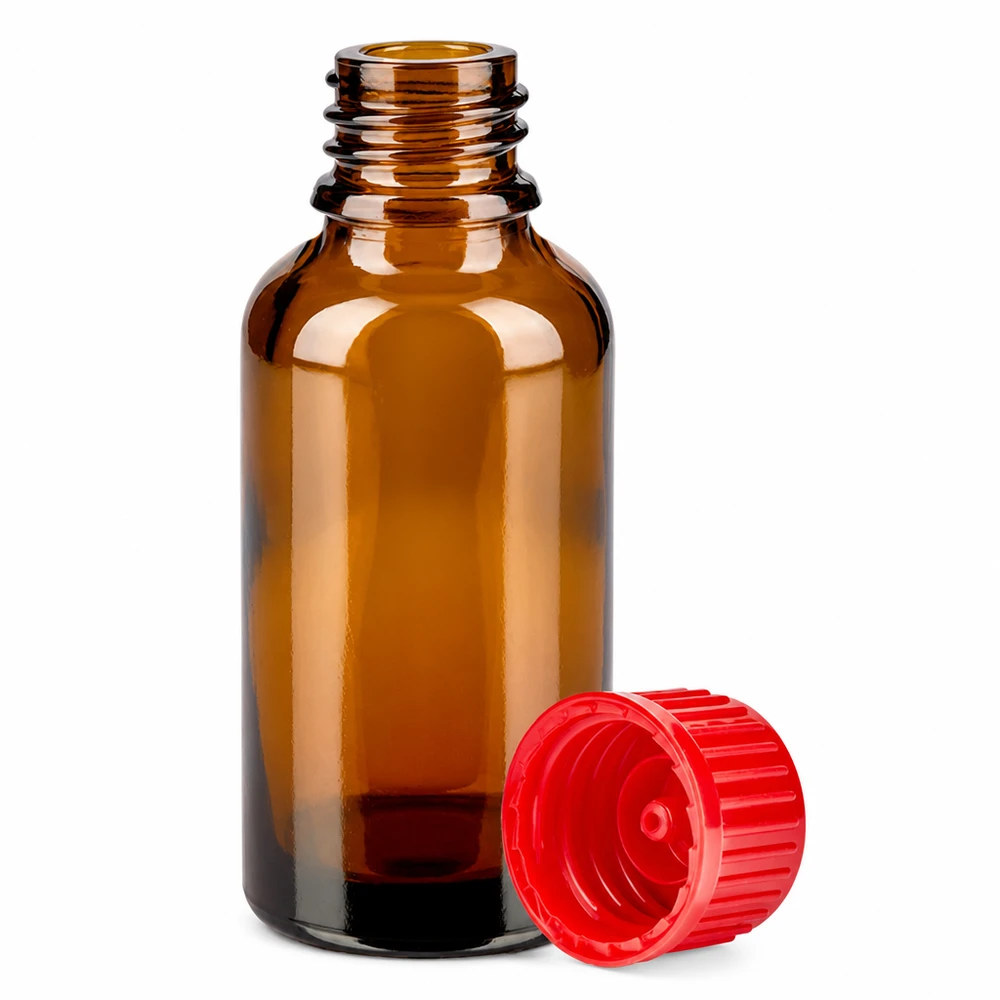 Flacone contagocce da 30 ml in vetro ambrato protetto dalla luce con pratico tappo rosso