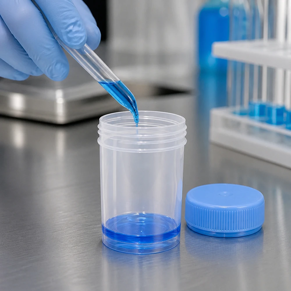Pot en plastique multiusage de 35 ml Récipient universel ouvert de 35 ml avec couvercle bleu et pipette, dans un environnement de laboratoire