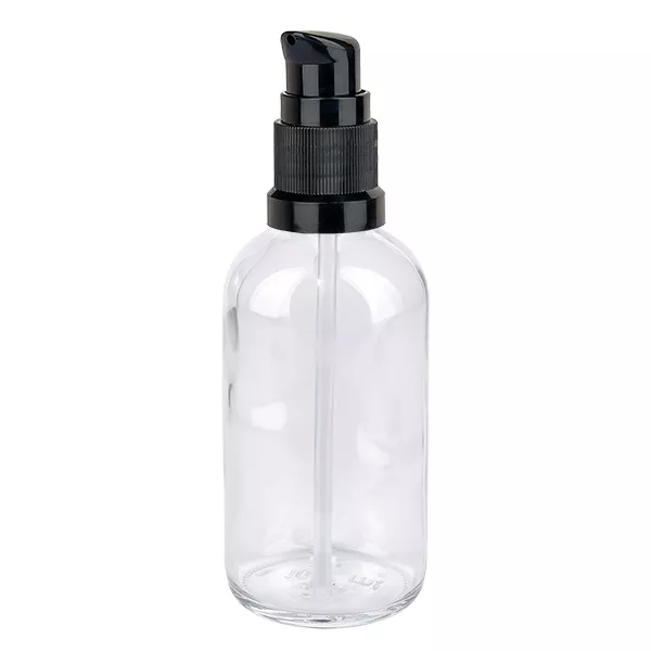 Flacon en verre de 100 ml avec pompe noire, série ClearLine, flacon de pharmacie transparent