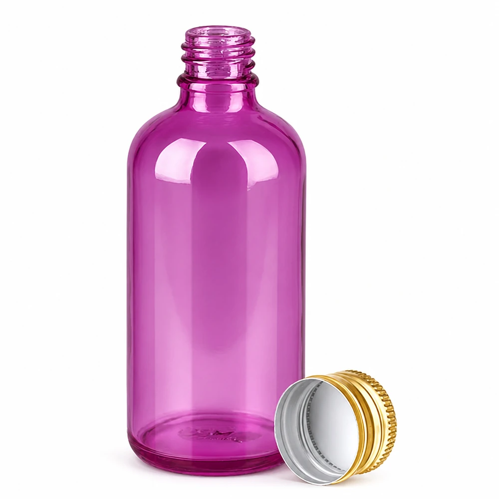Bottiglia a spalla tonda da 100 ml in viola brillante con pratico tappo a vite
