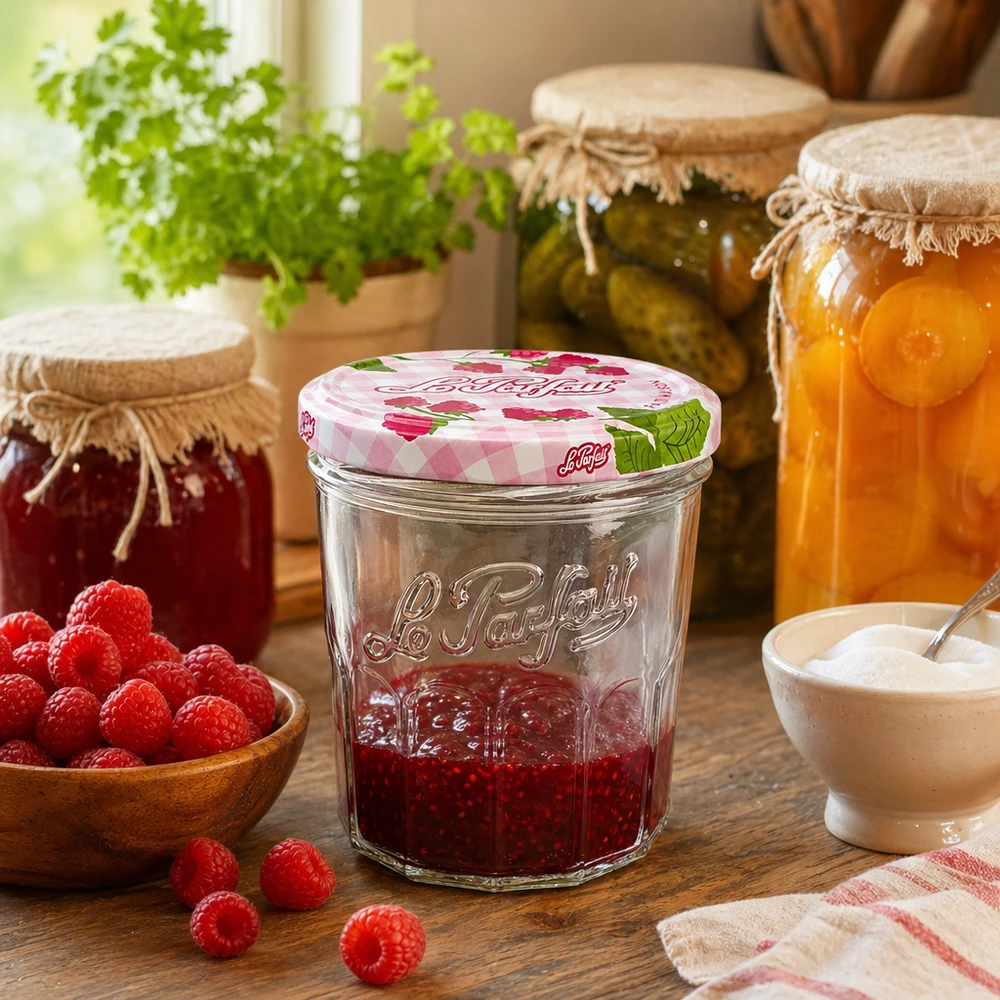 Le Parfait® Jam 324 ml Ø82 mm vaso marmellata Vasetto Le Parfait da 324 ml con marmellata di lamponi in una cucina rustica, accanto ad altri vasetti per conserve ed erbe aromatiche