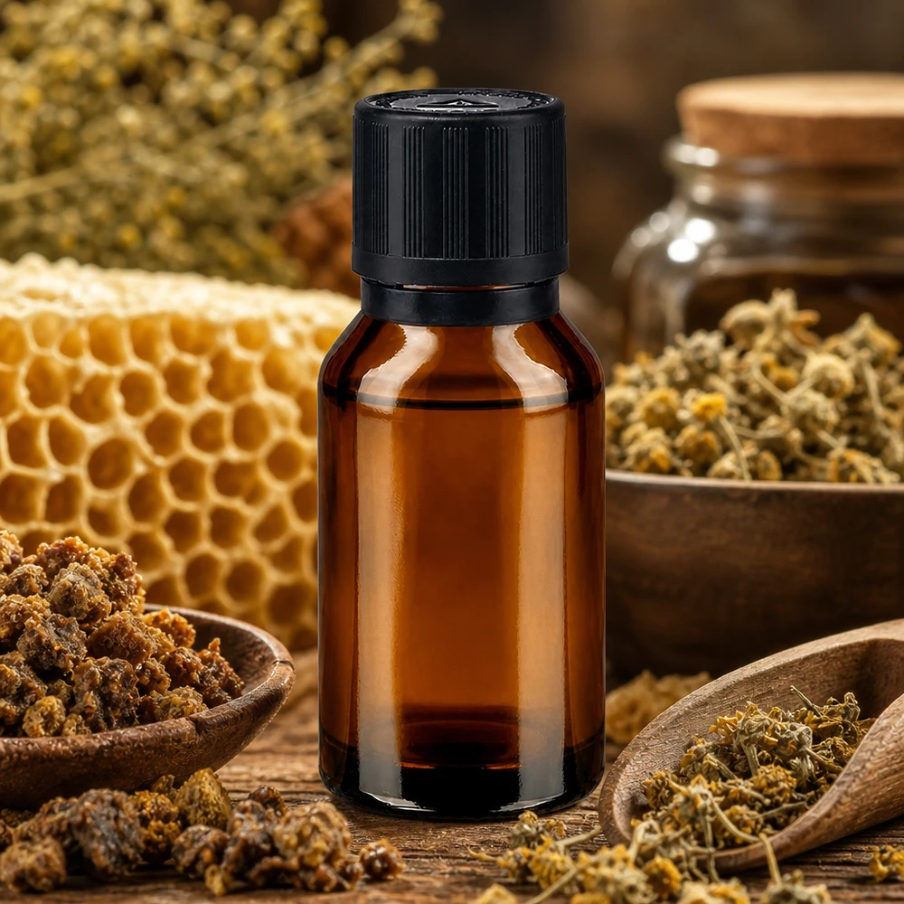 Flacone contagocce marrone da 15 ml. Pr. 1mm s. KiSi Bliw OV Flacone di vetro marrone da 15 ml con tappo contagocce, circondato da favi e erbe essiccate