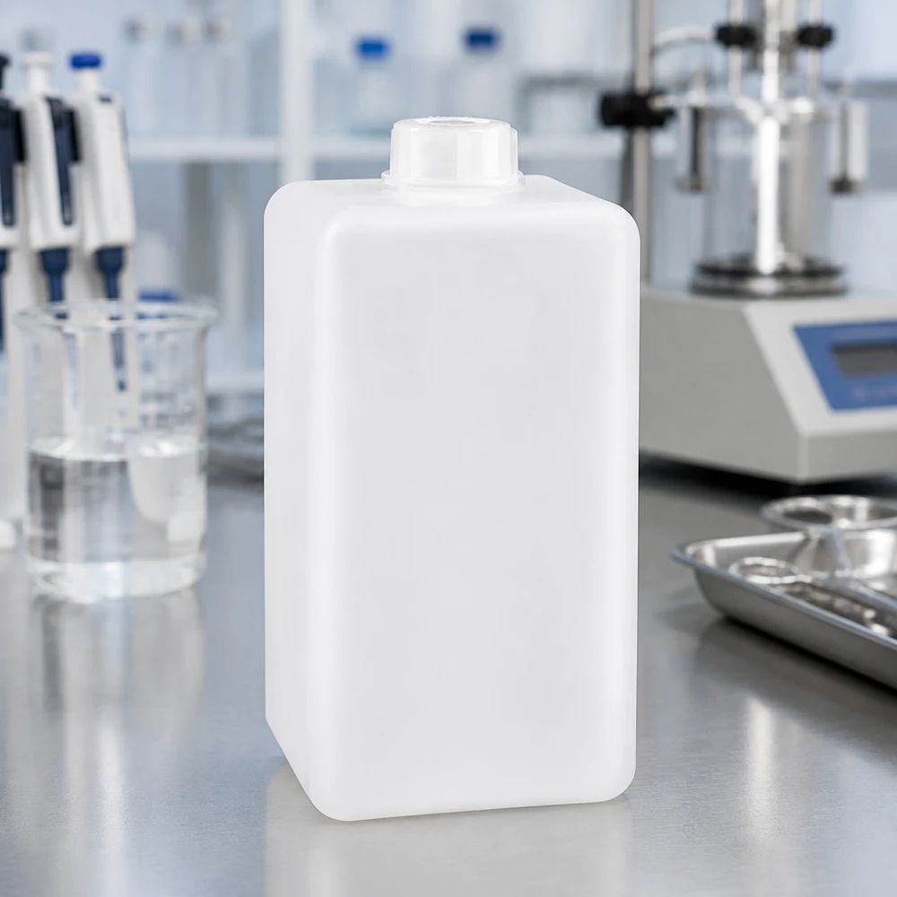 Flacon à produits chimiques 1500 ml à col étroit, PEHD couleur naturelle, avec bouchon GL 32 Flacon à col étroit en PE-HD de 1 500 ml, de couleur naturelle, résistant aux produits chimiques, destiné à un usage professionnel en laboratoire