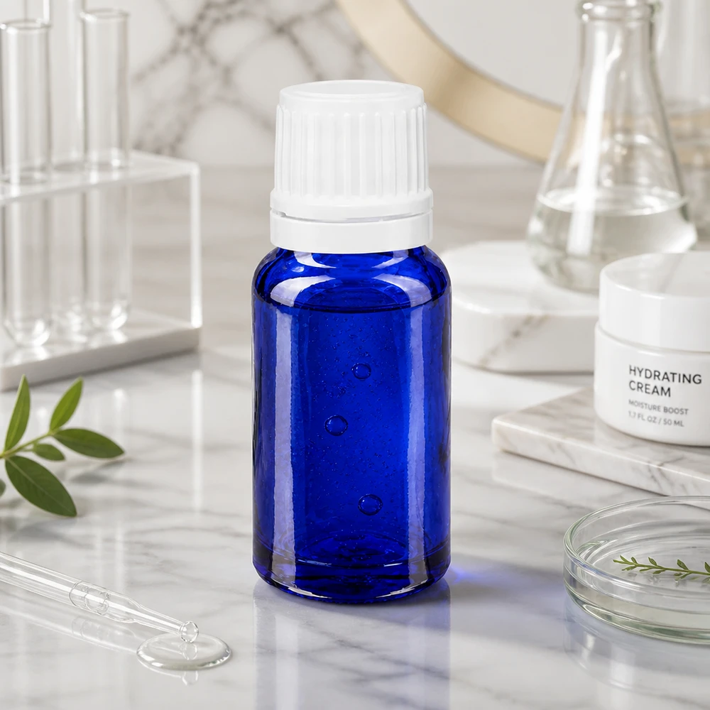 Apothekenflasche blau 10ml Schraubverschluss weiß Originalitätsverschluss Blaue 10ml Flasche aus Apothekerglas mit weißem Sicherheitsdeckel für Naturkosmetik