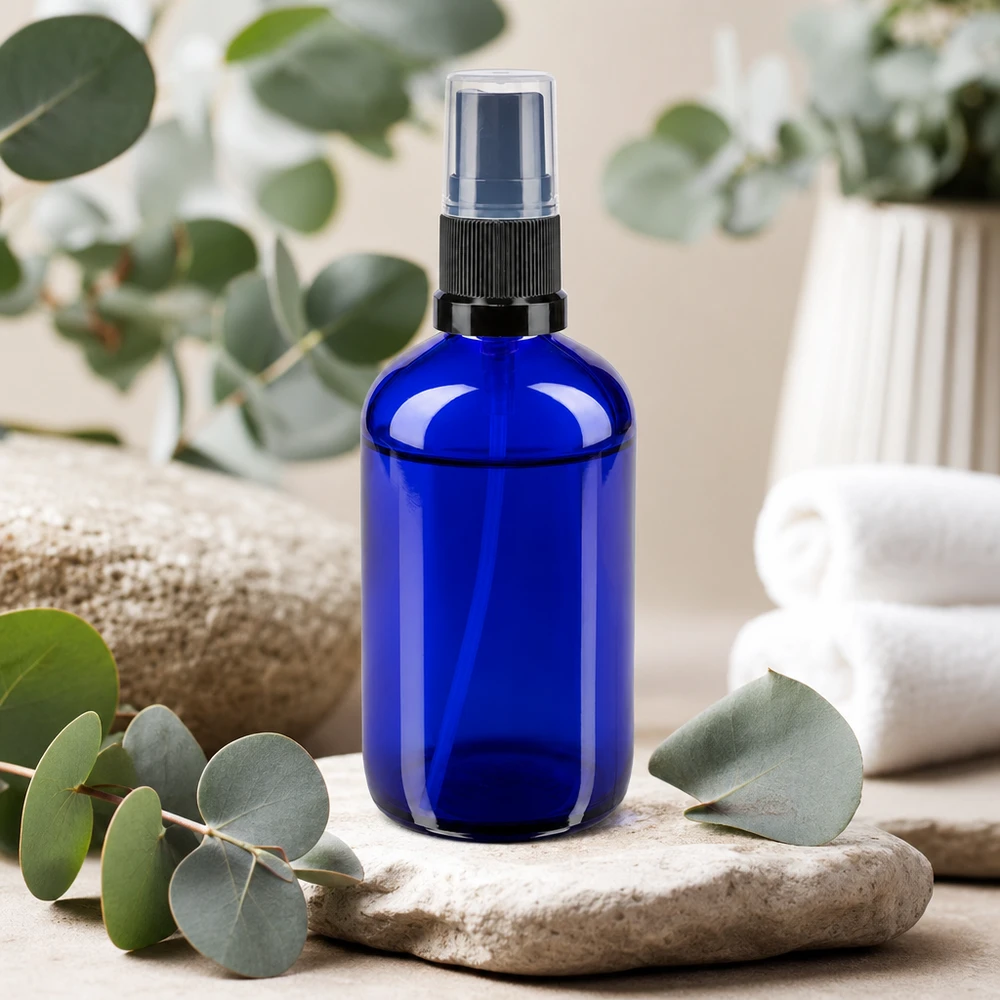 Apothekenflasche blau 100ml Sprayaufsatz schwarz Runde kobaltblaue 100ml Flasche mit Feinstaubzerstäuber für ätherische Öle und Kosmetik