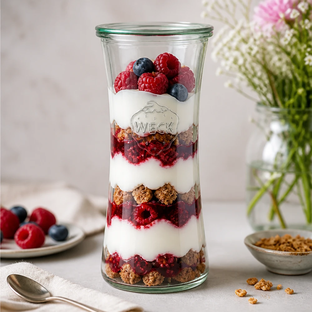 Barattolo da 700 ml con coperchio in vetro WECK RR80 WECK 700ml Delikatessenglas RR80 mit geschichtetem Joghurt-Beeren-Parfait - stylisches Einmachglas für Desserts