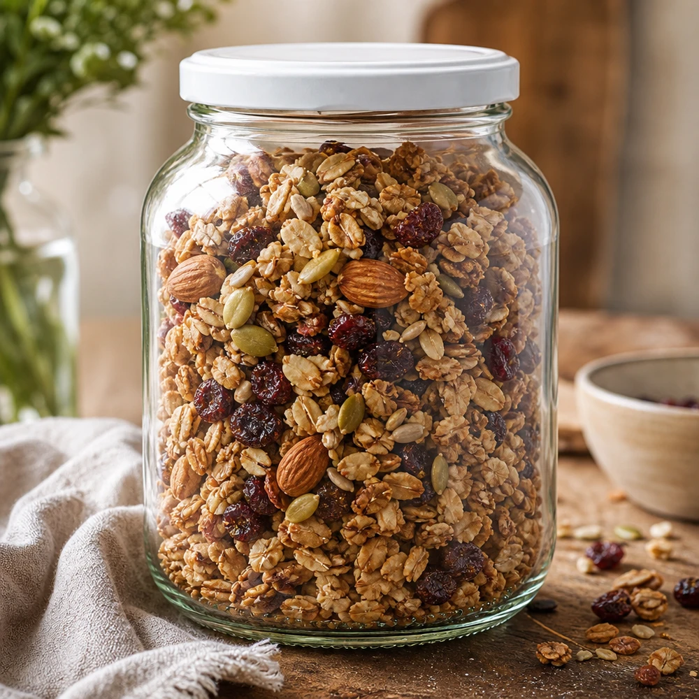 370ml Ovalglas mit BasicSeal Deckel weiß UNiTWIST 370ml Ovalglas UNiTWIST mit weißem Deckel gefüllt mit Müsli Nüssen Trockenfrüchten Granola Vorratsdose Küche