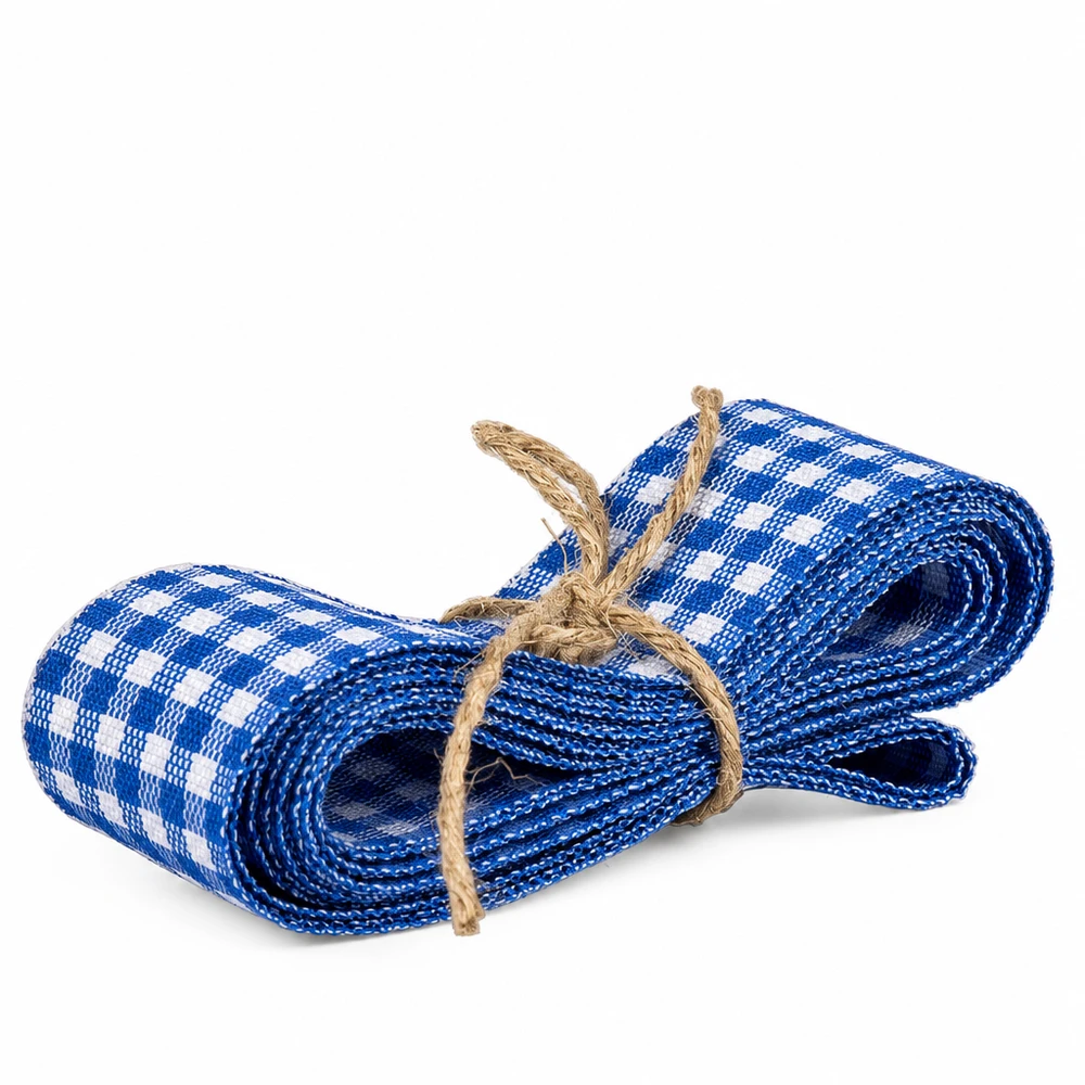 Nastro in tessuto a scacchi blu e bianchi lungo 300 cm arrotolato con cordoncino di iuta per decorazioni e artigianato