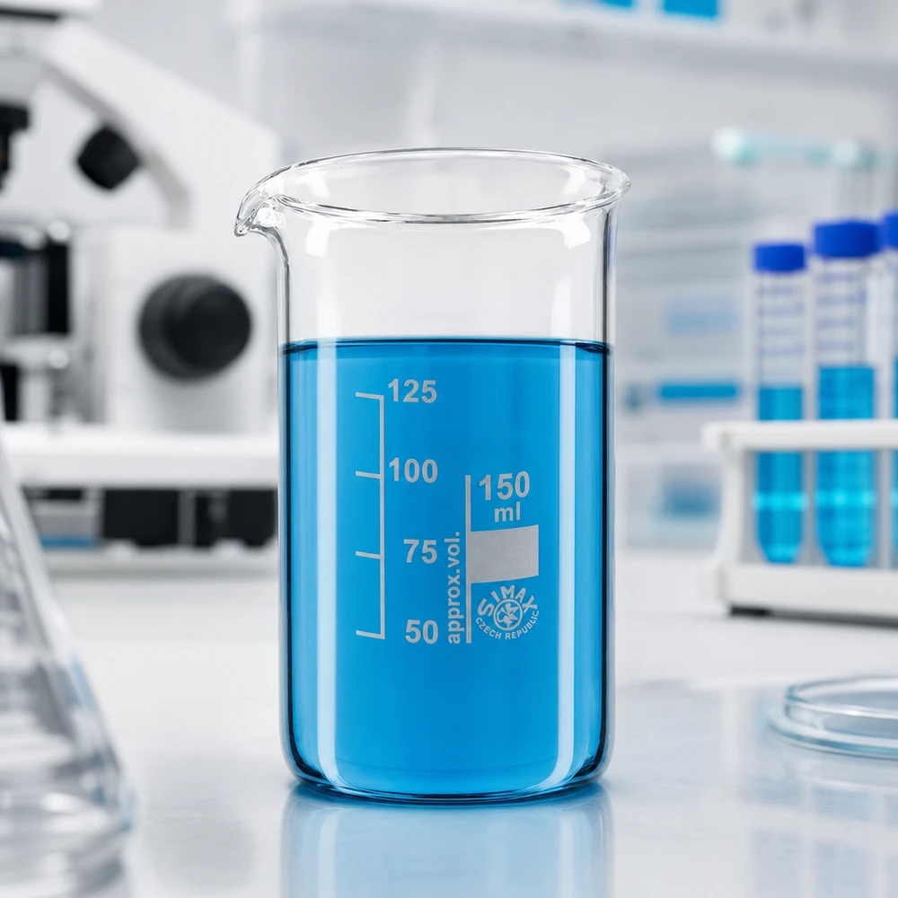 Bicchiere in vetro borosilicato da 150 ml, forma alta Becher da laboratorio da 150 ml, modello alto, con liquido blu su un piano di lavoro bianco