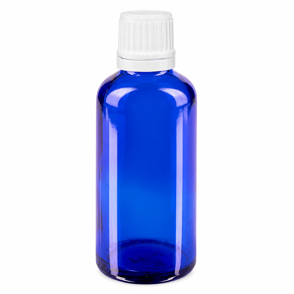 Flacon à pharmacie bleu 50ml bouchon inviolable 1.2mm blanc bouchon d'inviolabilité Flacon de pharmacie en verre bleu de 50 ml avec bouchon compte-gouttes blanc, diamètre extérieur : 0,7 mm