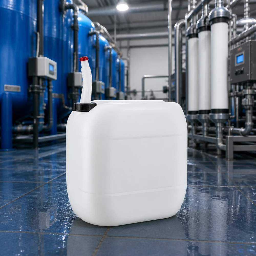 Kanister 30 Liter mit Auslaufrohr Flex Leerer weißer Großkanister 30 Liter mit beweglichem Ausgießrohr auf blauem Industrieboden