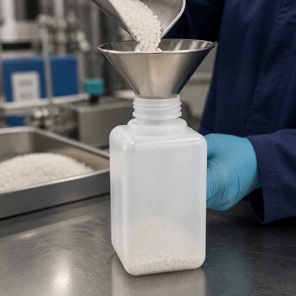 Flacon de produits chimiques de 50 ml en PE-HD naturel, à col étroit, destiné aux granulés et aux produits en vrac en laboratoire