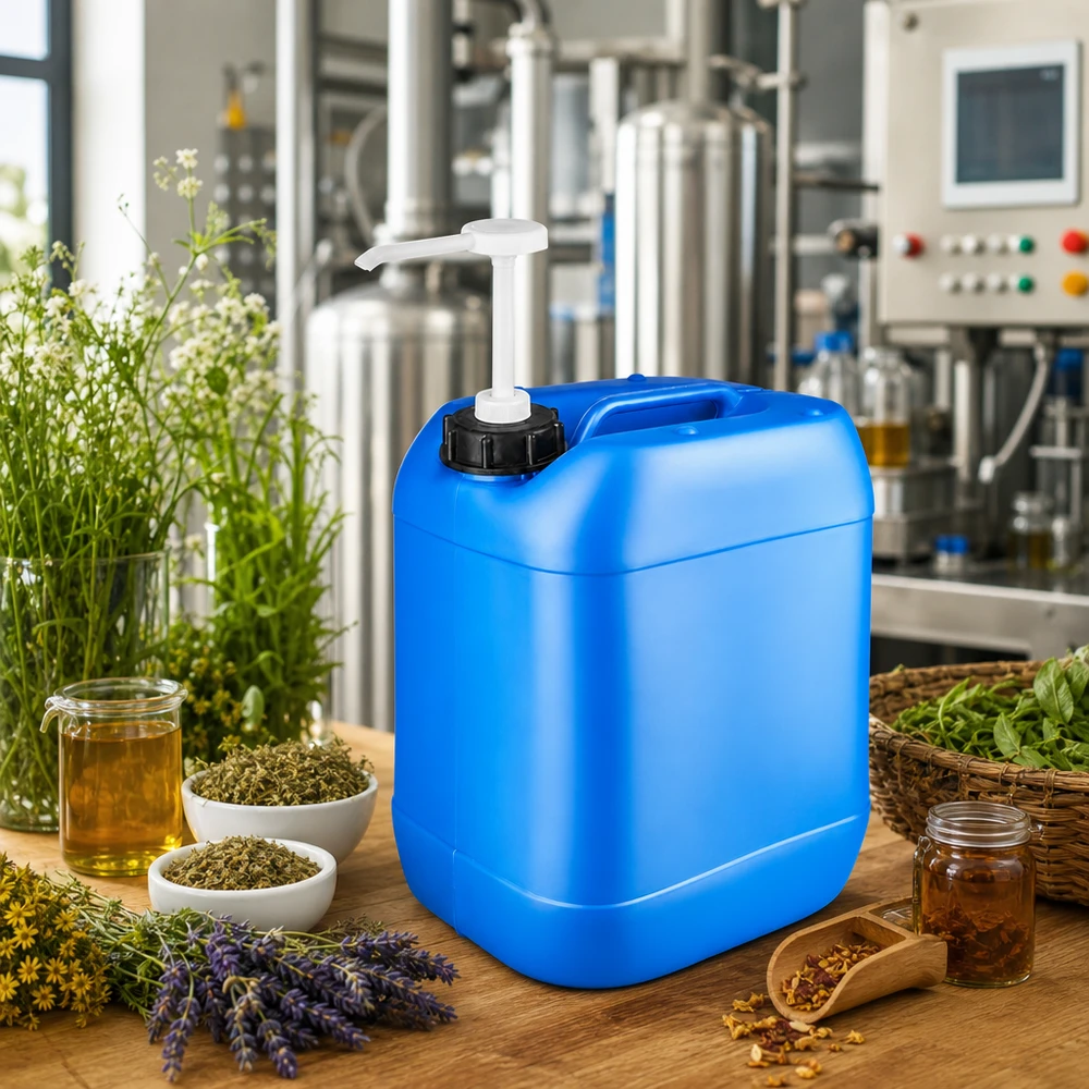 Bidon de 20 litres bleu avec pompe doseuse Bidon bleu de 20 litres muni d'une pompe doseuse, entouré de lavande et d'huiles essentielles, posé sur une table en bois
