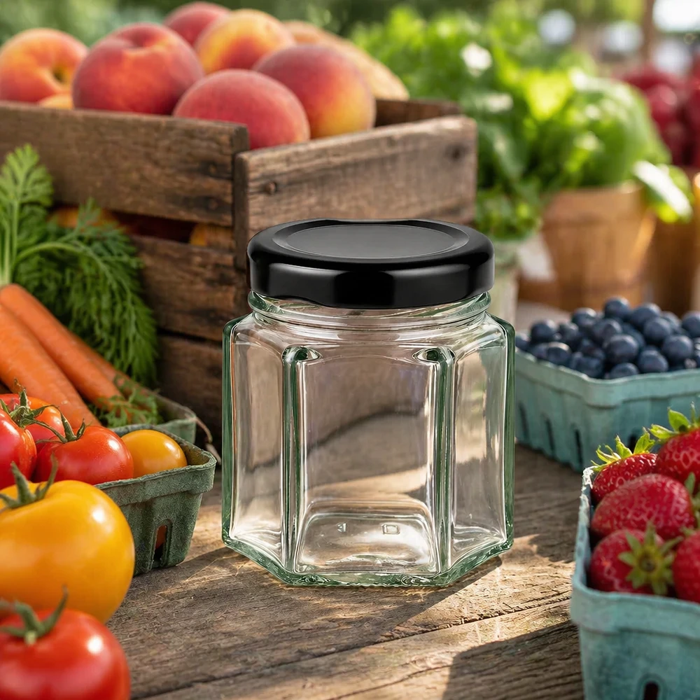 47ml Hexaglas mit BasicSeal Deckel schwarz UNiTWIST Leeres 47ml Hexaglas mit schwarzem Deckel auf Holztisch umgeben von frischem Obst und Gemüse in ländlicher Szene