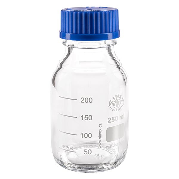 Bottiglia filettata da laboratorio 250ml con tappo, borosilicato Bottiglia filettata da laboratorio 250ml con tappo, borosilicato