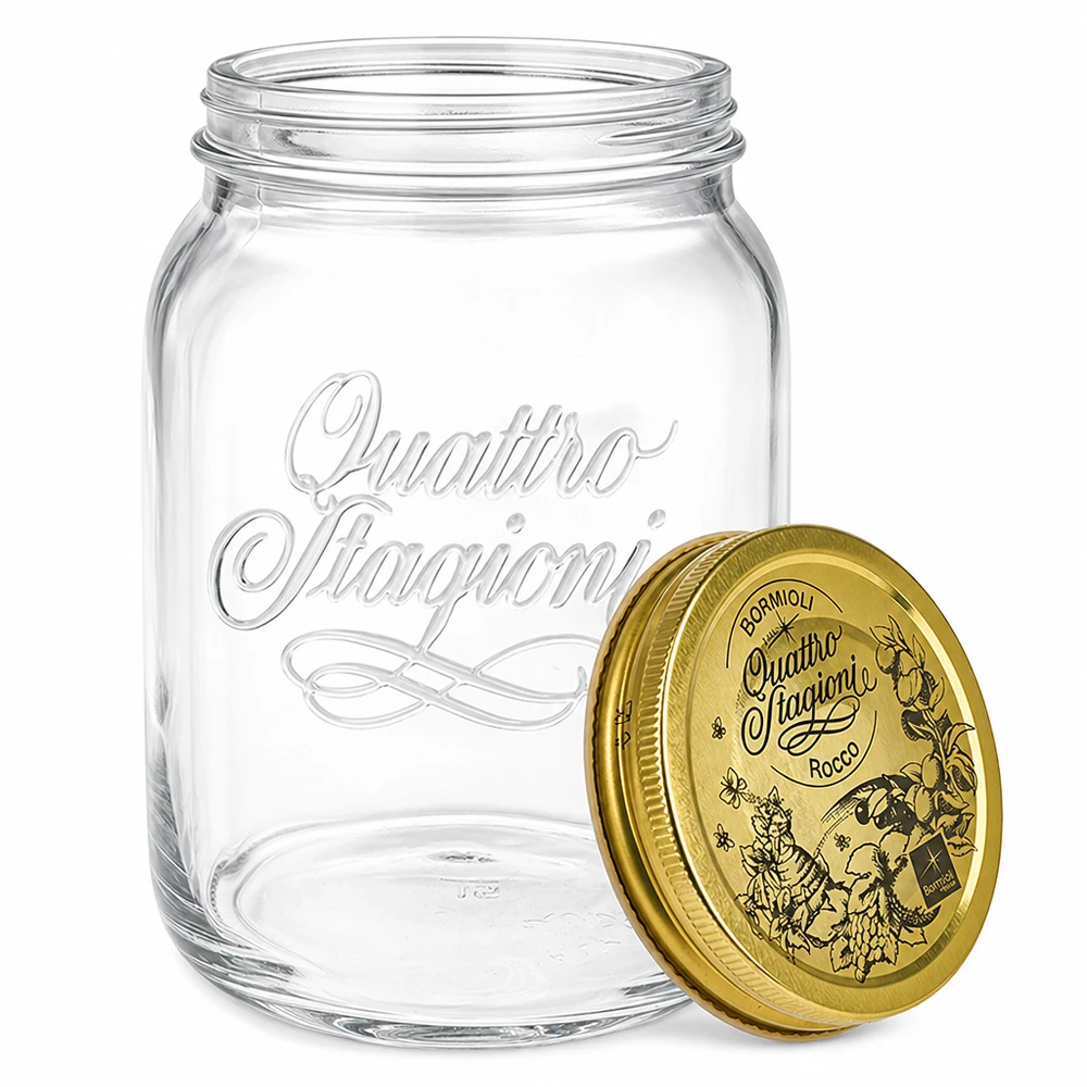 Barattolo rotondo "Quattro Stagioni" da 2000ml con coperchio Vaso per conserve Quattro Stagioni da 2 litri con coperchio dorato - Vaso per marmellate e conserve italiane