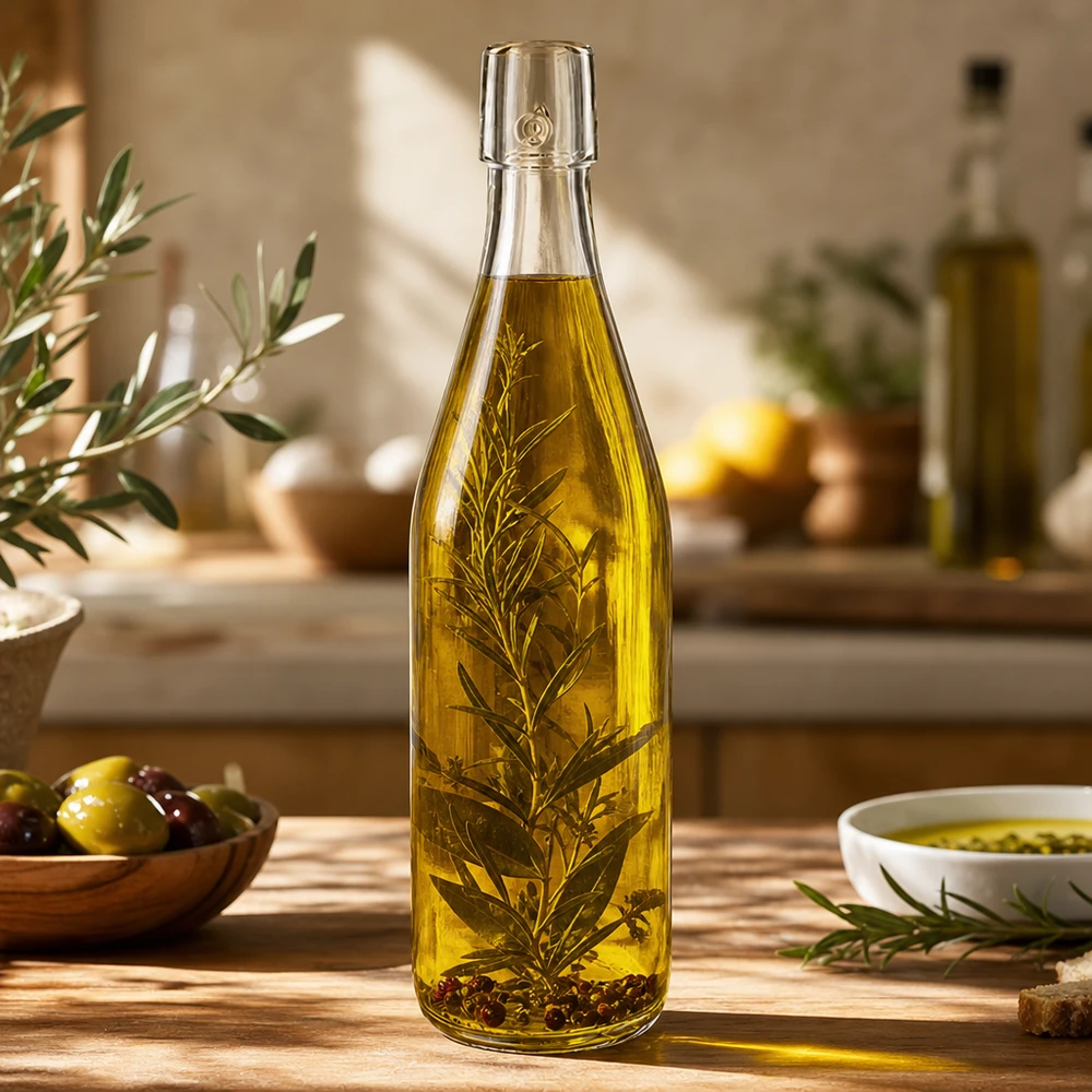 Bottiglia in vetro UNiTWIST da 500 ml riempita con olio d'oliva ed erbe aromatiche nella cucina mediterranea come esempio di utilizzo