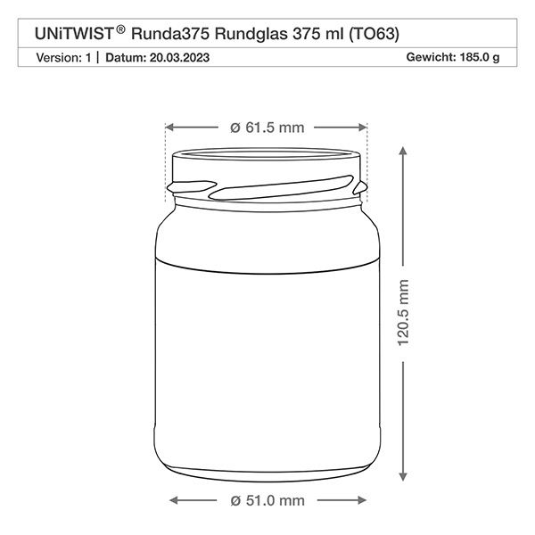 UNiTWIST Runda375 - Barattolo rotondo capacità 375ml TO63 UNiTWIST Runda375 Rundglas 375ml TO63 technische Zeichnung mit Maßangaben Durchmesser 61mm Höhe 120mm Gewicht 185g