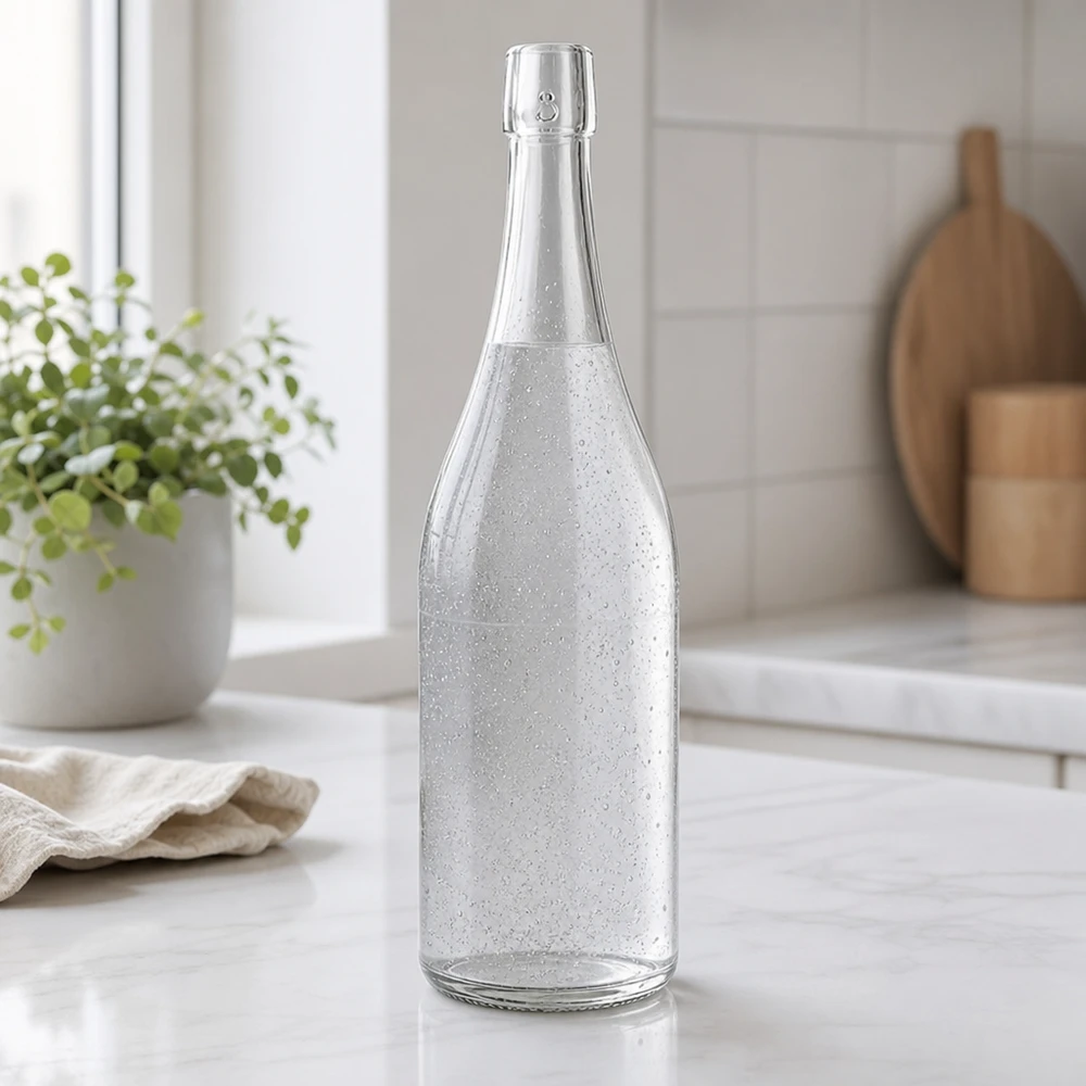 Bottiglia di vetro UNiTWIST da 750 ml riempita di acqua frizzante ambiente moderno cucina piano di lavoro in marmo bianco
